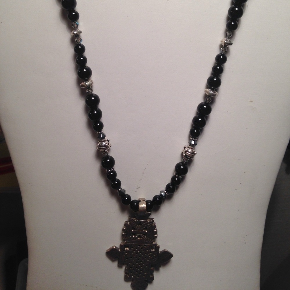 Black onyx, SS beads with Coptic Cross.